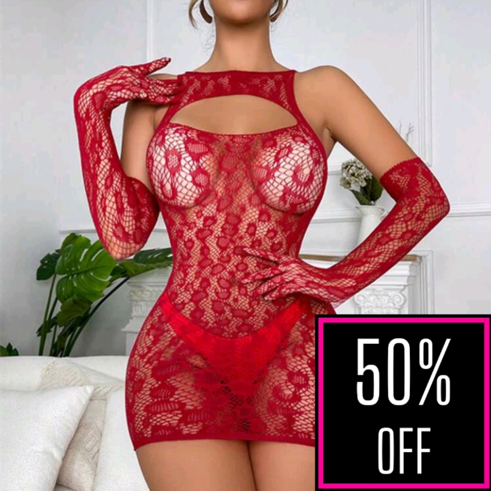 PLUS SIZE MESH LACE LINGERIE DRESS W/OVERSLEEVES ~ OS FITS SIZES 0X-5X